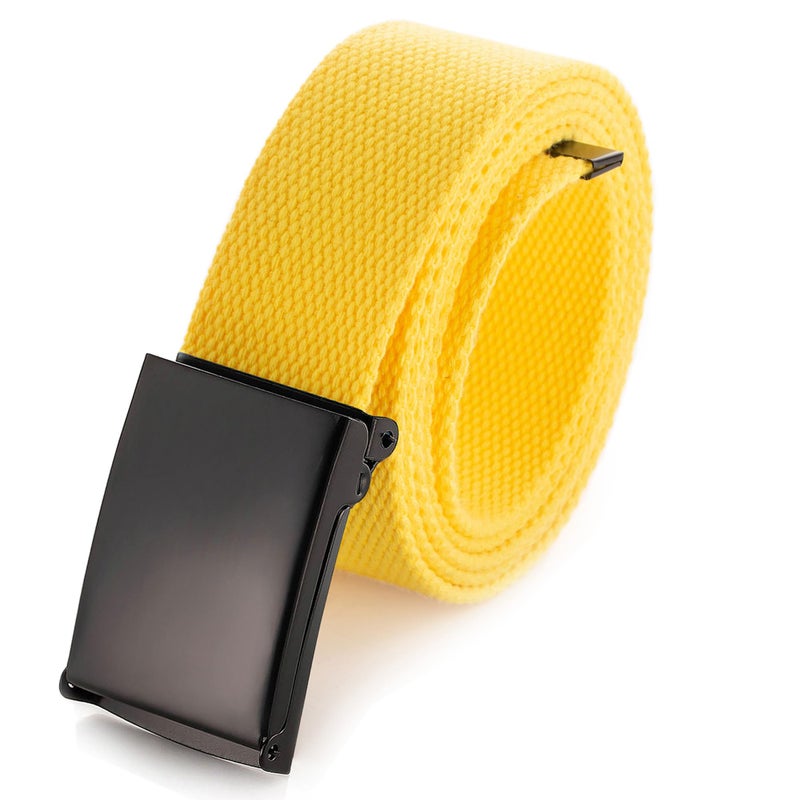 Mile High Life Cut To Fit Canvas Web Belt Size Up to 52" with Flip-Top Solid Black Military Buckle (Yellow) - Image 1